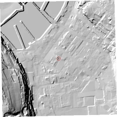 Shaded relief map of the ground around CA287AY, computed from Environment Agency LiDAR. The ground here sits at about 8 m above sea level and falls 75 m across the surrounding 800 m. Surface water reaching this point runs off ground lying to the north-west, 1.9 m higher.