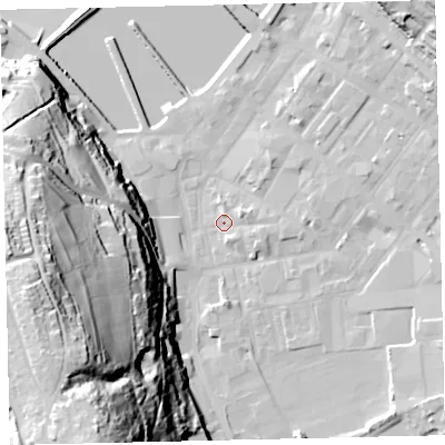 Shaded relief map of the ground around CA287BB, computed from Environment Agency LiDAR. The ground here sits at about 6 m above sea level and falls 76 m across the surrounding 800 m. Surface water reaching this point runs off ground lying to the east-north-east, 3.2 m higher.