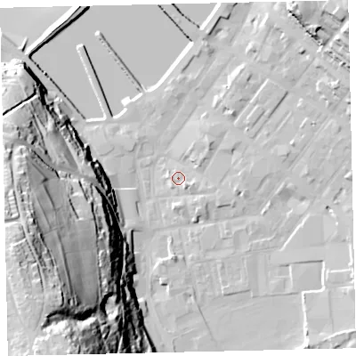 Shaded relief map of the ground around CA287BE, computed from Environment Agency LiDAR. The ground here sits at about 7 m above sea level and falls 77 m across the surrounding 800 m. Surface water reaching this point runs off ground lying to the south-east, 3.1 m higher.