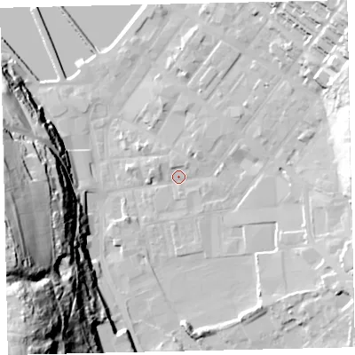 Shaded relief map of the ground around CA287BF, computed from Environment Agency LiDAR. The ground here sits at about 7 m above sea level and falls 74 m across the surrounding 800 m. Surface water reaching this point runs off ground lying to the north-east, 3.4 m higher.