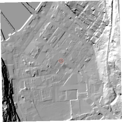 Shaded relief map of the ground around CA287BG, computed from Environment Agency LiDAR. The ground here sits at about 9 m above sea level and falls 65 m across the surrounding 800 m. Surface water reaching this point runs off ground lying to the north-north-east, 2.1 m higher.