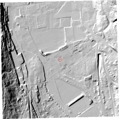 Shaded relief map of the ground around CA287BH, computed from Environment Agency LiDAR. The ground here sits at about 9 m above sea level and falls 67 m across the surrounding 800 m. Surface water reaching this point runs off ground lying to the north-north-east, 3.5 m higher.