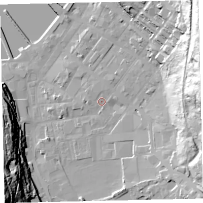 Shaded relief map of the ground around CA287BJ, computed from Environment Agency LiDAR. The ground here sits at about 8 m above sea level and falls 63 m across the surrounding 800 m. Surface water reaching this point runs off ground lying to the north-north-east, 2.5 m higher.