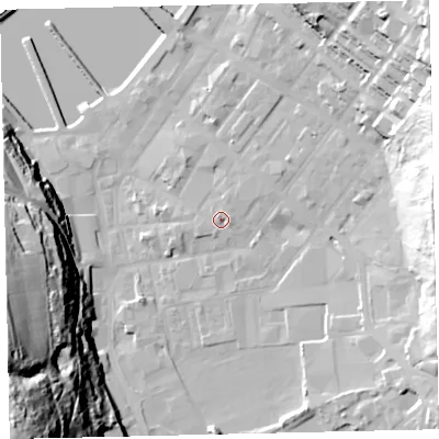 Shaded relief map of the ground around CA287BS, computed from Environment Agency LiDAR. The ground here sits at about 9 m above sea level and falls 74 m across the surrounding 800 m. Surface water reaching this point runs off ground lying to the north-west, 1.3 m higher.