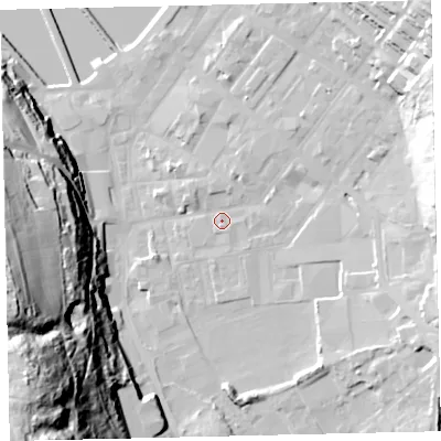 Shaded relief map of the ground around CA287BU, computed from Environment Agency LiDAR. The ground here sits at about 8 m above sea level and falls 75 m across the surrounding 800 m. Surface water reaching this point runs off ground lying to the north-east, 3.4 m higher.