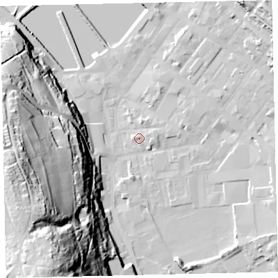 Shaded relief map of the ground around CA287BX, computed from Environment Agency LiDAR. The ground here sits at about 8 m above sea level and falls 75 m across the surrounding 800 m. Surface water reaching this point runs off ground lying to the east-north-east, 1.9 m higher.
