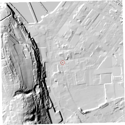 Shaded relief map of the ground around CA287BY, computed from Environment Agency LiDAR. The ground here sits at about 6 m above sea level and falls 75 m across the surrounding 800 m. Surface water reaching this point runs off ground lying to the north-east, 4.0 m higher.