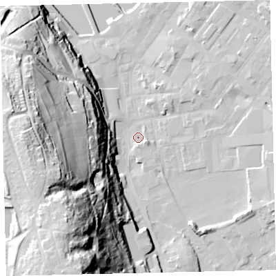 Shaded relief map of the ground around CA287DB, computed from Environment Agency LiDAR. The ground here sits at about 6 m above sea level and falls 76 m across the surrounding 800 m. Surface water reaching this point runs off ground lying to the south-west, 70.9 m higher.
