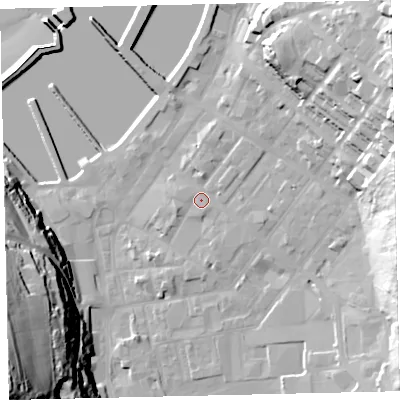 Shaded relief map of the ground around CA287DG, computed from Environment Agency LiDAR. The ground here sits at about 8 m above sea level and falls 73 m across the surrounding 800 m. Surface water reaching this point runs off ground lying to the east-north-east, 29.2 m higher.