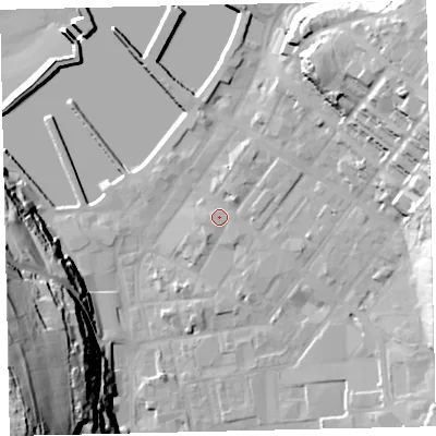 Shaded relief map of the ground around CA287DJ, computed from Environment Agency LiDAR. The ground here sits at about 8 m above sea level and falls 75 m across the surrounding 800 m. Surface water reaching this point runs off ground lying to the east-north-east, 25.2 m higher.