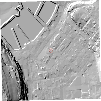 Shaded relief map of the ground around CA287DN, computed from Environment Agency LiDAR. The ground here sits at about 8 m above sea level and falls 75 m across the surrounding 800 m. Surface water reaching this point runs off ground lying to the east-north-east, 25.0 m higher.