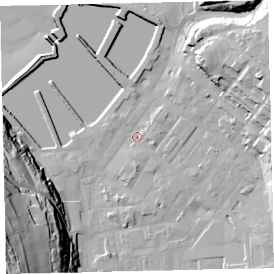 Shaded relief map of the ground around CA287DP, computed from Environment Agency LiDAR. The ground here sits at about 7 m above sea level and falls 74 m across the surrounding 800 m. Surface water reaching this point runs off ground lying to the east-north-east, 25.5 m higher.