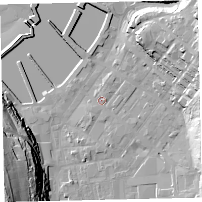 Shaded relief map of the ground around CA287DS, computed from Environment Agency LiDAR. The ground here sits at about 8 m above sea level and falls 72 m across the surrounding 800 m. Surface water reaching this point runs off ground lying to the east-north-east, 27.3 m higher.