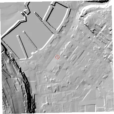 Shaded relief map of the ground around CA287DW, computed from Environment Agency LiDAR. The ground here sits at about 6 m above sea level and falls 75 m across the surrounding 800 m. Surface water reaching this point runs off ground lying to the east-north-east, 25.7 m higher.