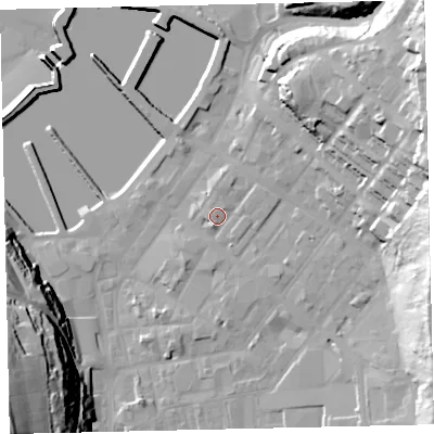 Shaded relief map of the ground around CA287EB, computed from Environment Agency LiDAR. The ground here sits at about 9 m above sea level and falls 65 m across the surrounding 800 m. Surface water reaching this point runs off ground lying to the south-south-west, 1.7 m higher.