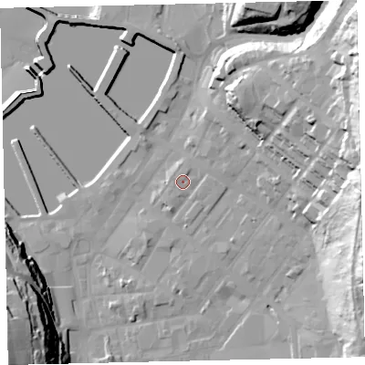 Shaded relief map of the ground around CA287EG, computed from Environment Agency LiDAR. The ground here sits at about 9 m above sea level and falls 53 m across the surrounding 800 m. Surface water reaching this point runs off ground lying to the north, 1.1 m higher.