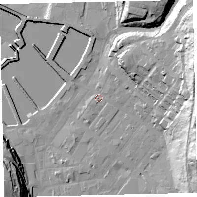 Shaded relief map of the ground around CA287EH, computed from Environment Agency LiDAR. The ground here sits at about 8 m above sea level and falls 56 m across the surrounding 800 m. Surface water reaching this point runs off ground lying to the east-north-east, 45.2 m higher.