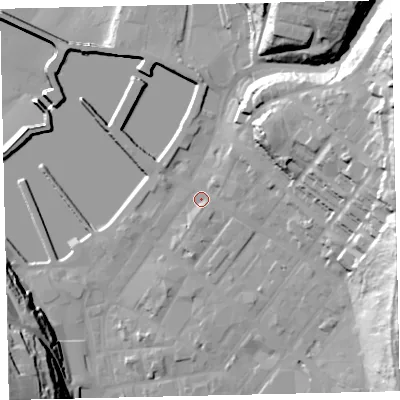 Shaded relief map of the ground around CA287EL, computed from Environment Agency LiDAR. The ground here sits at about 7 m above sea level and falls 50 m across the surrounding 800 m. Surface water reaching this point runs off ground lying to the east-north-east, 35.4 m higher.