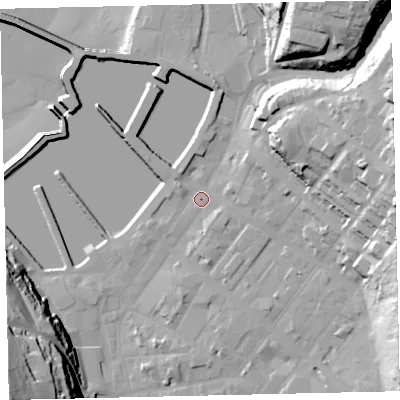 Shaded relief map of the ground around CA287EN, computed from Environment Agency LiDAR. The ground here sits at about 7 m above sea level and falls 55 m across the surrounding 800 m. Surface water reaching this point runs off ground lying to the north-east, 34.5 m higher.