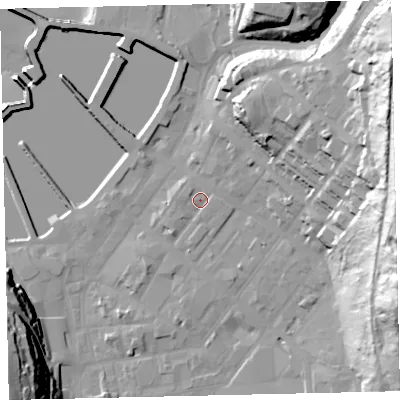 Shaded relief map of the ground around CA287EQ, computed from Environment Agency LiDAR. The ground here sits at about 8 m above sea level and falls 60 m across the surrounding 800 m. Surface water reaching this point runs off ground lying to the east-north-east, 46.4 m higher.