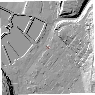 Shaded relief map of the ground around CA287ER, computed from Environment Agency LiDAR. The ground here sits at about 8 m above sea level and falls 53 m across the surrounding 800 m. Surface water reaching this point runs off ground lying to the east-north-east, 42.5 m higher.