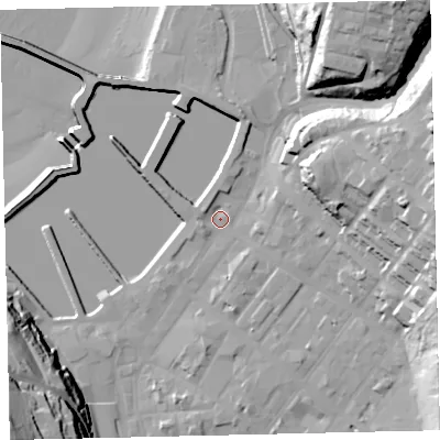Shaded relief map of the ground around CA287EW, computed from Environment Agency LiDAR. The ground here sits at about 6 m above sea level and falls 53 m across the surrounding 800 m. Surface water reaching this point runs off ground lying to the north-east, 38.7 m higher.
