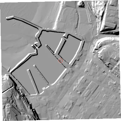 Shaded relief map of the ground around CA287HS, computed from Environment Agency LiDAR. The ground here sits at about 7 m above sea level and falls 64 m across the surrounding 800 m. Surface water reaching this point runs off ground lying to the east-south-east, 5.7 m higher.