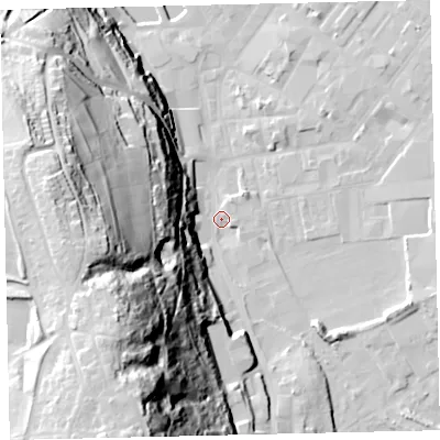 Shaded relief map of the ground around CA287HU, computed from Environment Agency LiDAR. The ground here sits at about 7 m above sea level and falls 79 m across the surrounding 800 m. Surface water reaching this point runs off ground lying to the south-west, 70.3 m higher.