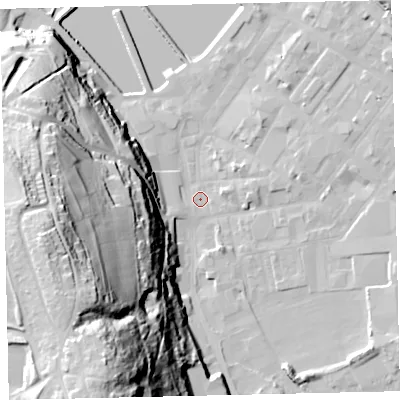 Shaded relief map of the ground around CA287HZ, computed from Environment Agency LiDAR. The ground here sits at about 6 m above sea level and falls 75 m across the surrounding 800 m. Surface water reaching this point runs off ground lying to the south-south-west, 71.3 m higher.