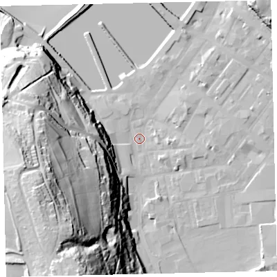 Shaded relief map of the ground around CA287JB, computed from Environment Agency LiDAR. The ground here sits at about 5 m above sea level and falls 77 m across the surrounding 800 m. Surface water reaching this point runs off ground lying to the south-south-west, 70.7 m higher.