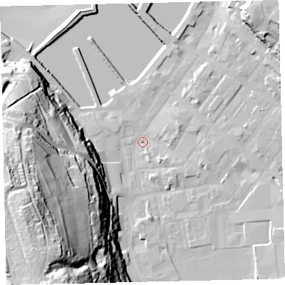 Shaded relief map of the ground around CA287JD, computed from Environment Agency LiDAR. The ground here sits at about 5 m above sea level and falls 76 m across the surrounding 800 m. Surface water reaching this point runs off ground lying to the south-west, 69.4 m higher.