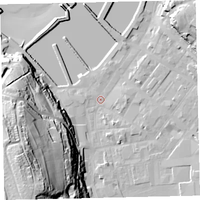 Shaded relief map of the ground around CA287JE, computed from Environment Agency LiDAR. The ground here sits at about 5 m above sea level and falls 76 m across the surrounding 800 m. Surface water reaching this point runs off ground lying to the south-west, 68.1 m higher.