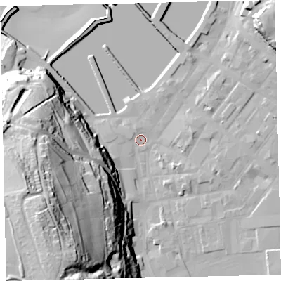 Shaded relief map of the ground around CA287JG, computed from Environment Agency LiDAR. The ground here sits at about 5 m above sea level and falls 76 m across the surrounding 800 m. Surface water reaching this point runs off ground lying to the south-west, 68.1 m higher.
