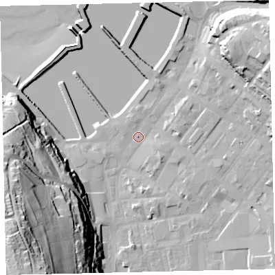 Shaded relief map of the ground around CA287JH, computed from Environment Agency LiDAR. The ground here sits at about 6 m above sea level and falls 76 m across the surrounding 800 m. Surface water reaching this point runs off ground lying to the north-east, 24.6 m higher.