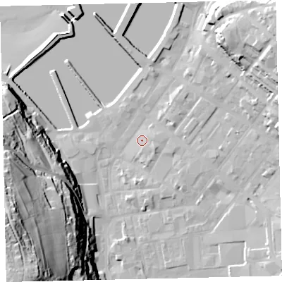 Shaded relief map of the ground around CA287JN, computed from Environment Agency LiDAR. The ground here sits at about 7 m above sea level and falls 76 m across the surrounding 800 m. Surface water reaching this point runs off ground lying to the east-south-east, 3.5 m higher.