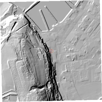 Shaded relief map of the ground around CA287JQ, computed from Environment Agency LiDAR. The ground here sits at about 7 m above sea level and falls 79 m across the surrounding 800 m. Surface water reaching this point runs off ground lying to the west-south-west, 66.6 m higher.