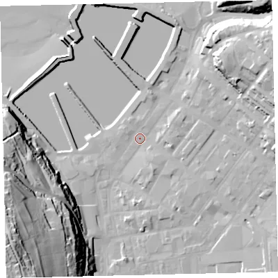Shaded relief map of the ground around CA287JS, computed from Environment Agency LiDAR. The ground here sits at about 6 m above sea level and falls 75 m across the surrounding 800 m. Surface water reaching this point runs off ground lying to the east-north-east, 25.1 m higher.