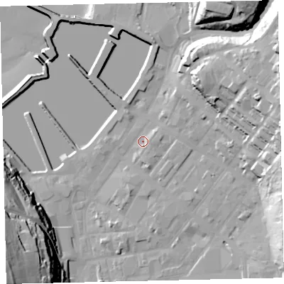 Shaded relief map of the ground around CA287LA, computed from Environment Agency LiDAR. The ground here sits at about 7 m above sea level and falls 62 m across the surrounding 800 m. Surface water reaching this point runs off ground lying to the east, 2.4 m higher.