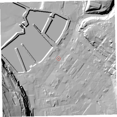 Shaded relief map of the ground around CA287LE, computed from Environment Agency LiDAR. The ground here sits at about 7 m above sea level and falls 68 m across the surrounding 800 m. Surface water reaching this point runs off ground lying to the north-east, 31.6 m higher.