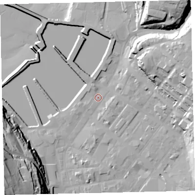 Shaded relief map of the ground around CA287LF, computed from Environment Agency LiDAR. The ground here sits at about 7 m above sea level and falls 64 m across the surrounding 800 m. Surface water reaching this point runs off ground lying to the north-east, 33.0 m higher.