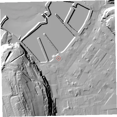 Shaded relief map of the ground around CA287LH, computed from Environment Agency LiDAR. The ground here sits at about 6 m above sea level and falls 75 m across the surrounding 800 m. Surface water reaching this point runs off ground lying to the south-west, 67.6 m higher.