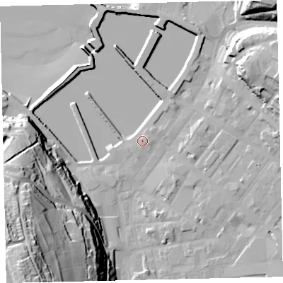 Shaded relief map of the ground around CA287LL, computed from Environment Agency LiDAR. The ground here sits at about 7 m above sea level and falls 75 m across the surrounding 800 m. Surface water reaching this point runs off ground lying to the east-south-east, 1.2 m higher.