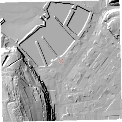 Shaded relief map of the ground around CA287LN, computed from Environment Agency LiDAR. The ground here sits at about 6 m above sea level and falls 75 m across the surrounding 800 m. Surface water reaching this point runs off ground lying to the east-north-east, 1.3 m higher.