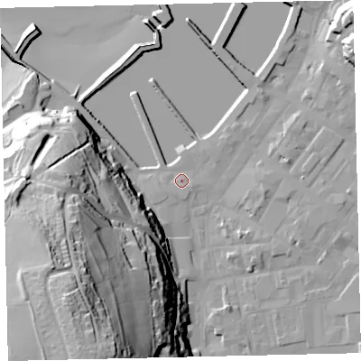 Shaded relief map of the ground around CA287LR, computed from Environment Agency LiDAR. The ground here sits at about 6 m above sea level and falls 76 m across the surrounding 800 m. Surface water reaching this point runs off ground lying to the south-south-west, 68.1 m higher.
