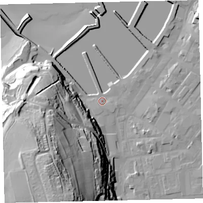 Shaded relief map of the ground around CA287LU, computed from Environment Agency LiDAR. The ground here sits at about 6 m above sea level and falls 76 m across the surrounding 800 m. Surface water reaching this point runs off ground lying to the south-south-west, 68.1 m higher.