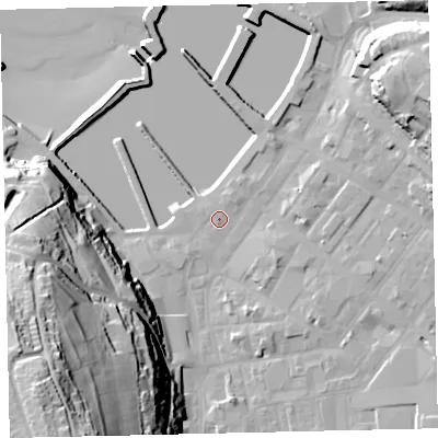 Shaded relief map of the ground around CA287LW, computed from Environment Agency LiDAR. The ground here sits at about 6 m above sea level and falls 75 m across the surrounding 800 m. Surface water reaching this point runs off ground lying to the north-north-east, 1.4 m higher.