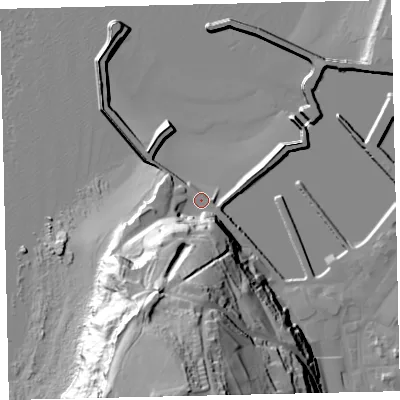 Shaded relief map of the ground around CA287LY, computed from Environment Agency LiDAR. The ground here sits at about 7 m above sea level and falls 71 m across the surrounding 800 m. Surface water reaching this point runs off ground lying to the south, 65.8 m higher.