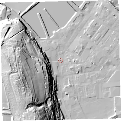 Shaded relief map of the ground around CA287NA, computed from Environment Agency LiDAR. The ground here sits at about 6 m above sea level and falls 77 m across the surrounding 800 m. Surface water reaching this point runs off ground lying to the south-south-west, 71.3 m higher.