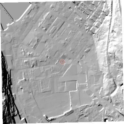 Shaded relief map of the ground around CA287NB, computed from Environment Agency LiDAR. The ground here sits at about 7 m above sea level and falls 66 m across the surrounding 800 m. Surface water reaching this point runs off ground lying to the north-north-east, 2.4 m higher.