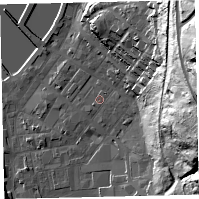 Shaded relief map of the ground around CA287NJ, computed from Environment Agency LiDAR. The ground here sits at about 9 m above sea level and falls 82 m across the surrounding 800 m. Surface water reaching this point runs off ground lying to the south-south-west, 0.7 m higher.